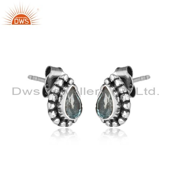 Designer blue topaz gemstone handmade oxidized silver stud earrings