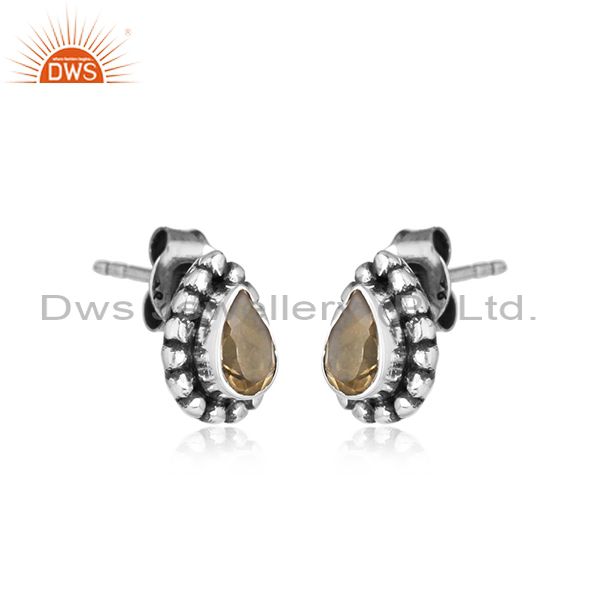 Pear shape sterling silver oxidized citrine gemstone stud earrings