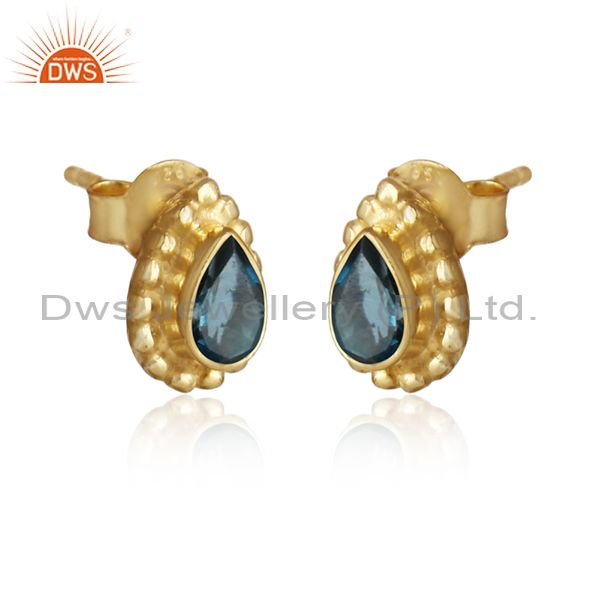Natural london blue topaz gemstone gold over silver stud earrings