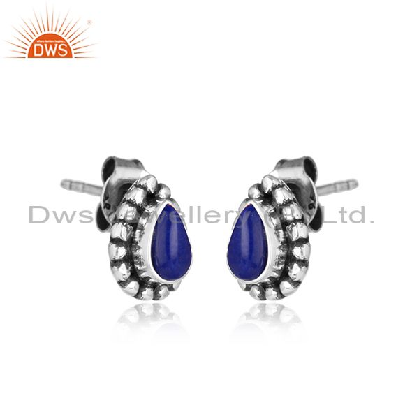 Handmade oxidized 925 silver lapis lazuli gemstone stud earrings