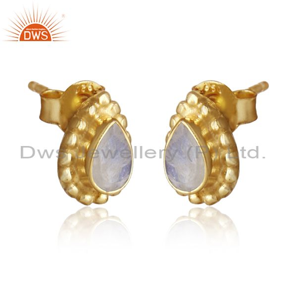 Rainbow moonstone gemstone 18k gold plated silver stud earrings