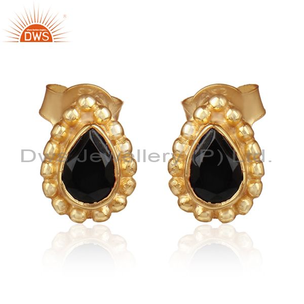 Pear shape gold over silver natural black onyx gemstone earrings
