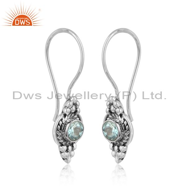 Blue topaz gemstone womens 925 sterling silver oxidized earrings