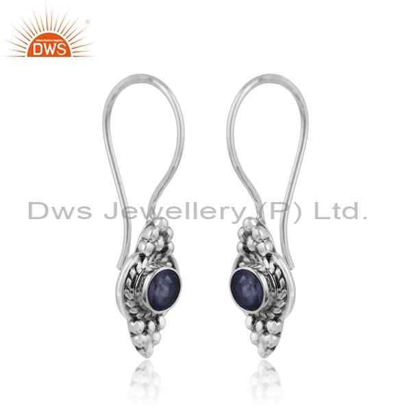 Blue sapphire gemstone handmade antique oxidized silver earrings