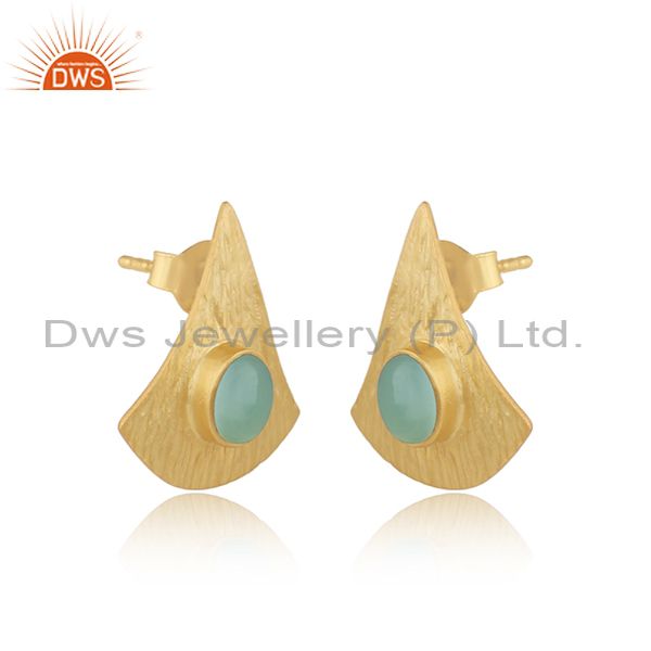 Supplier of Texture Design Gold On Silver 925 Aqua Chalcedony Earrings