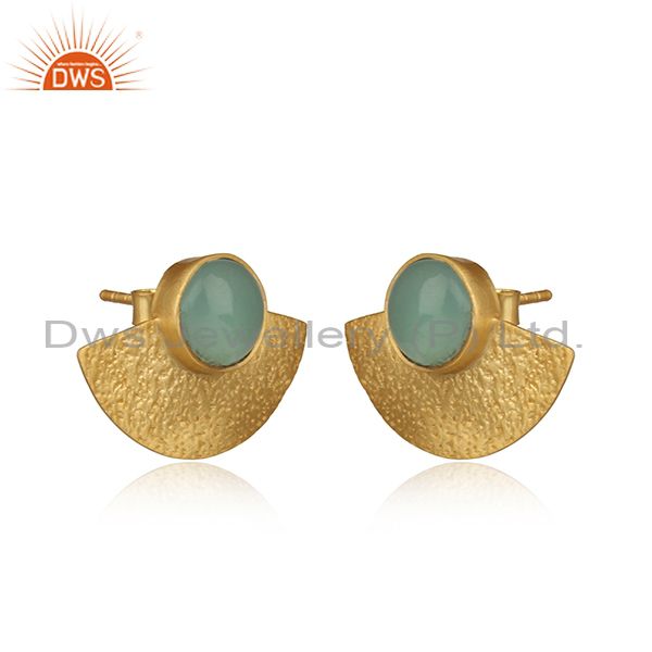 Supplier of Aqua Chalcedony Gold on 925 Silver Textured Fan Studs