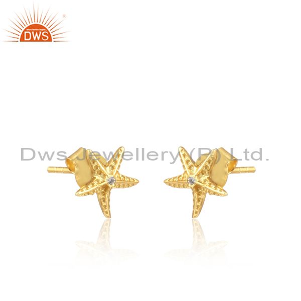 Cz Gold On 925 Sterling Silver Small Starfish Charm Earring