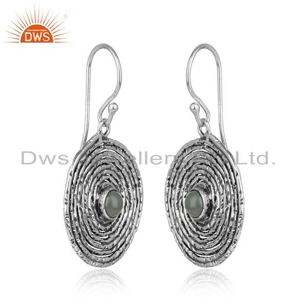 Round black oxidized 925 silver aqua chalcedony gemstone earrings