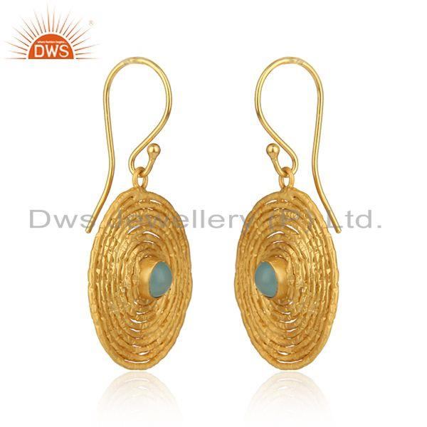 Spiral design gold plated silver aqua chalcedony gemstone earrings