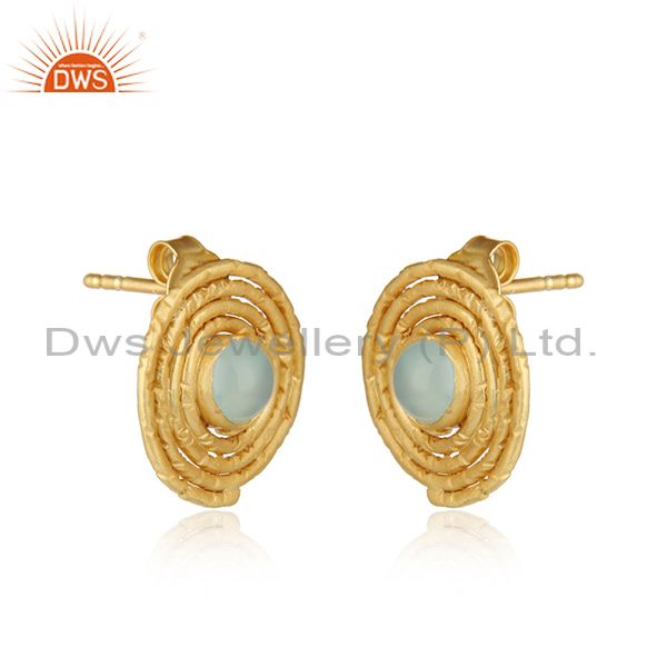 Round stud gold plated 925 silver aqua chalcedony gemstone earrings