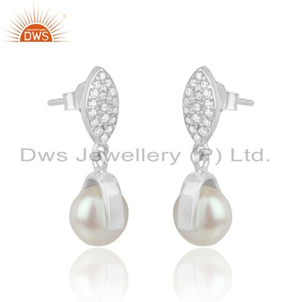 Exquisite designer pearl cz dangle in white rhodium on silver 925