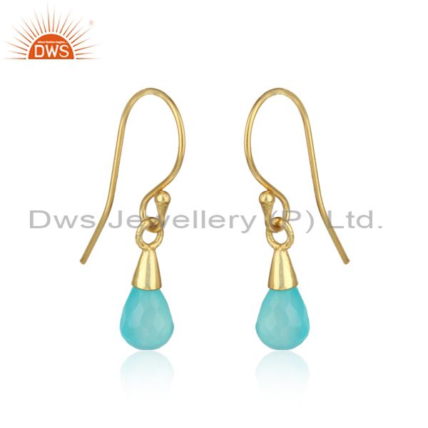 Designer drop dangle in yellow gold on silver with aqua chalcedony