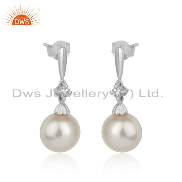 White rhodium plated silver cz natural pearl gemstone earrings