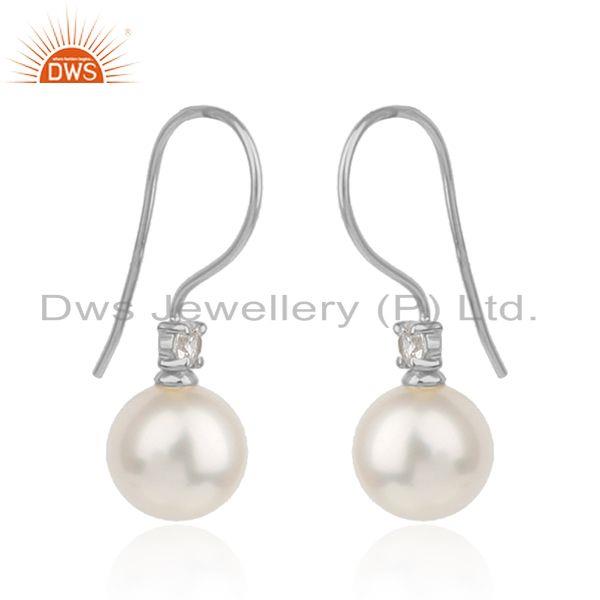 White rhodium plated silver cz pearl gemstone hook earrings