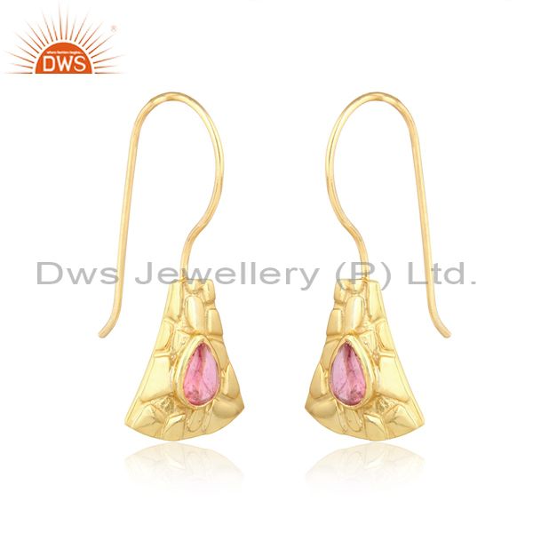 Jaguar textured earring in gold on silver with pink tourmaline