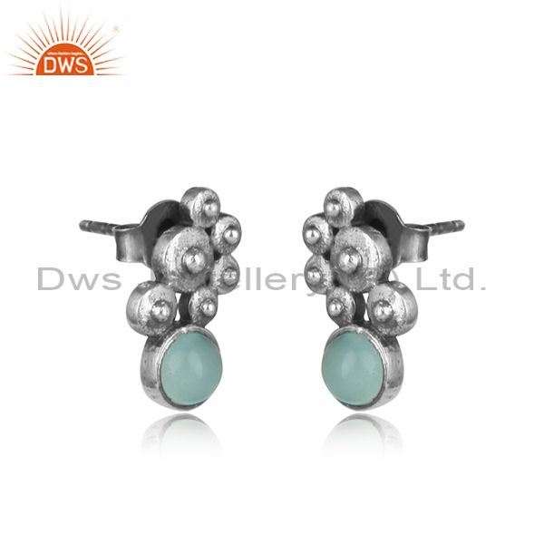 Handcrafted designer aqua chalcedony studs in oxidized silver 925