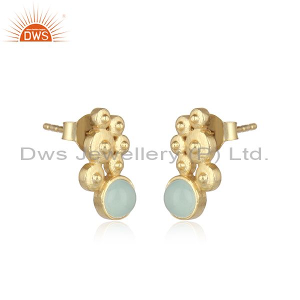 Handcrafted designer aqua chalcedony studs in gold on silver 925