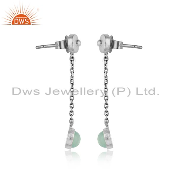 Designer chain dangle aqua chalcedony earring in oxidized silver 925