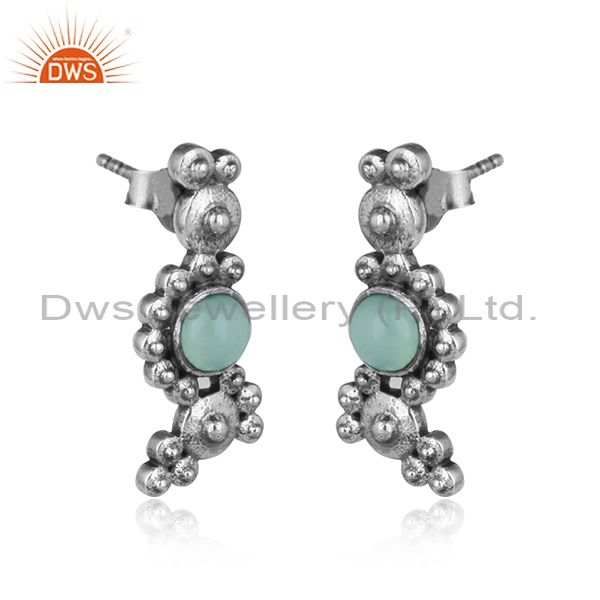 Designer zig zag granule aqua chalcedony earring in oxidized silver