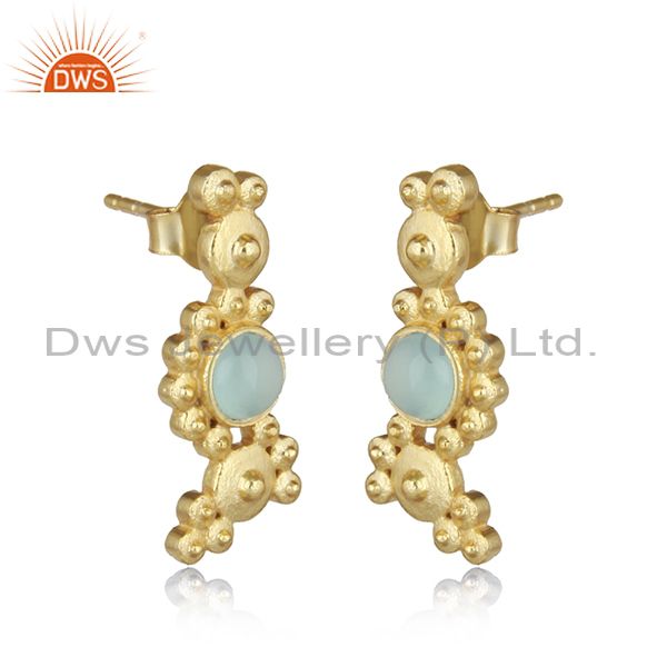 Designer zig zag granule aqua chalcedony earring in gold on silver