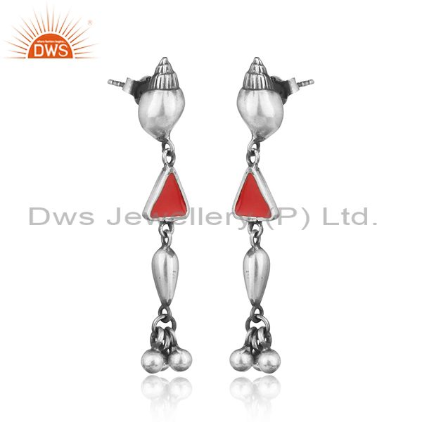 Designer conch long dangle in oxidized silver 925 and red enamel