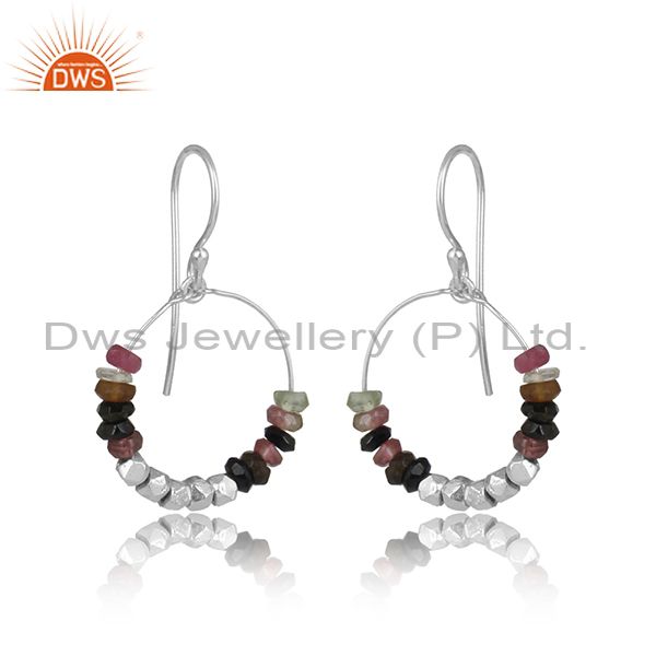 Multi Tourmaline Faceted Beads White Silver Round Earrings