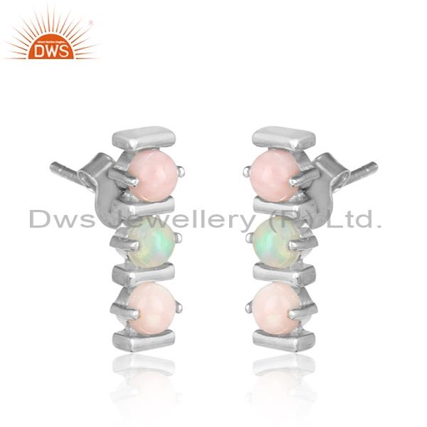 Ethiopian And Pink Opal Silver And White Rhodium Earrings