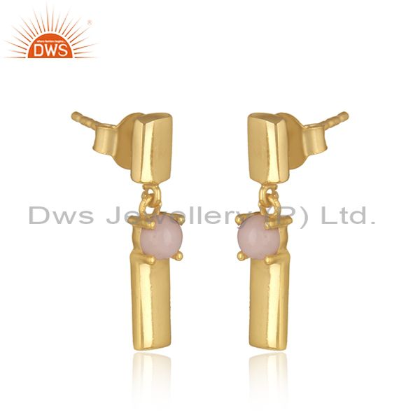 Designer handmade yellow gold on silver bar dangle earring with pink opal