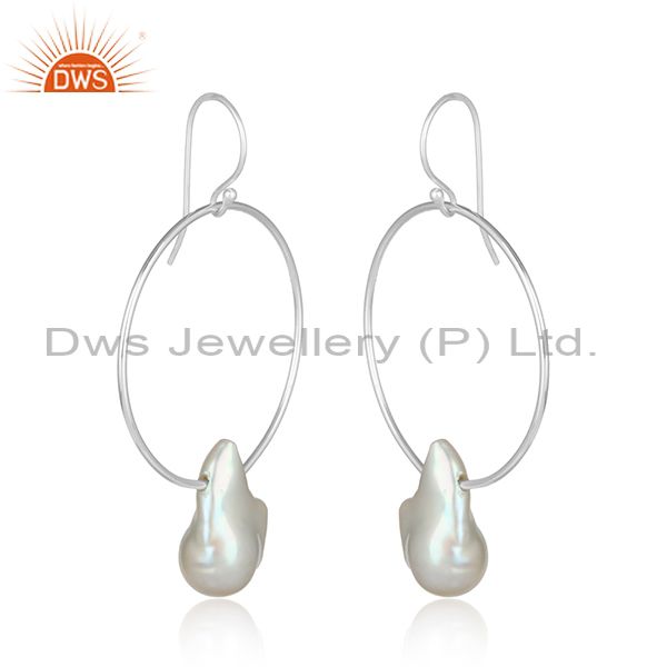 Handcrafted bold hoop sterling silver 925 dangle with pearl