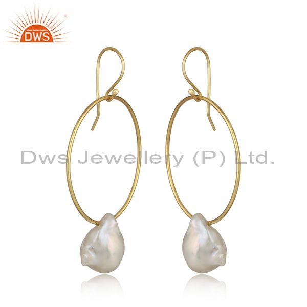 Handcrafted bold hoop yellow gold on silver dangle with pearl