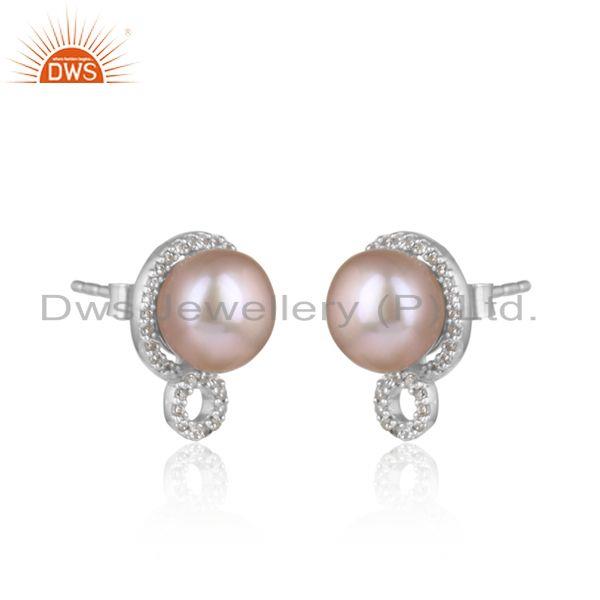 Designer dainty studs in rhodium on silver with gray pearl and cz