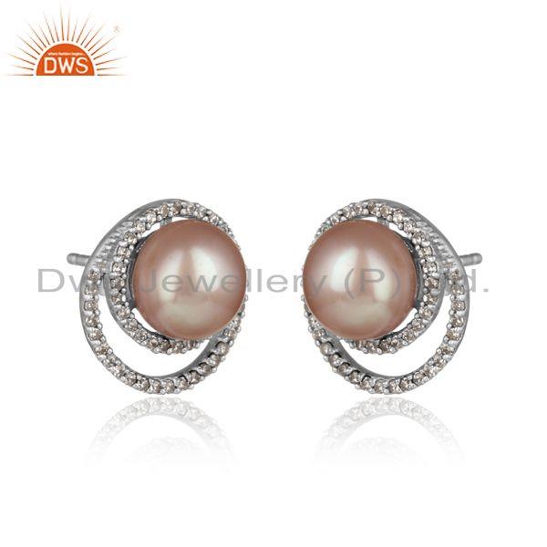 Designer pave cz rhodium on silver 925 studs with gray pearl