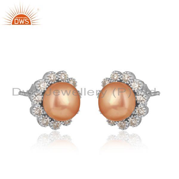 Designer floral rhodium on silver 925 stud with pink pearl and cz