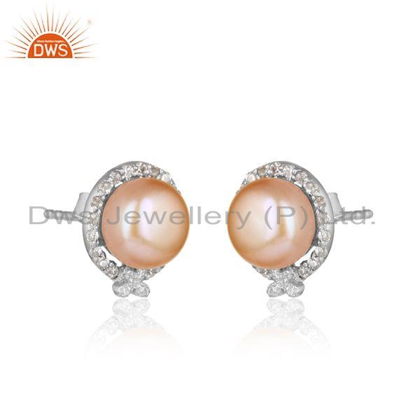 Designer rhodium on silver 925 elegant stud with pink pearl and cz
