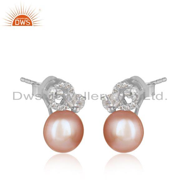 Designer trendy rhodium on silver 925 studs with cz and pink pearl