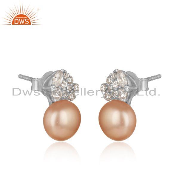 Spring designer rhodium on silver 925 stud with pink pearl and cz