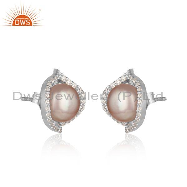 Dainty designer rhodium on silver 925 studs with cz and gray pearl