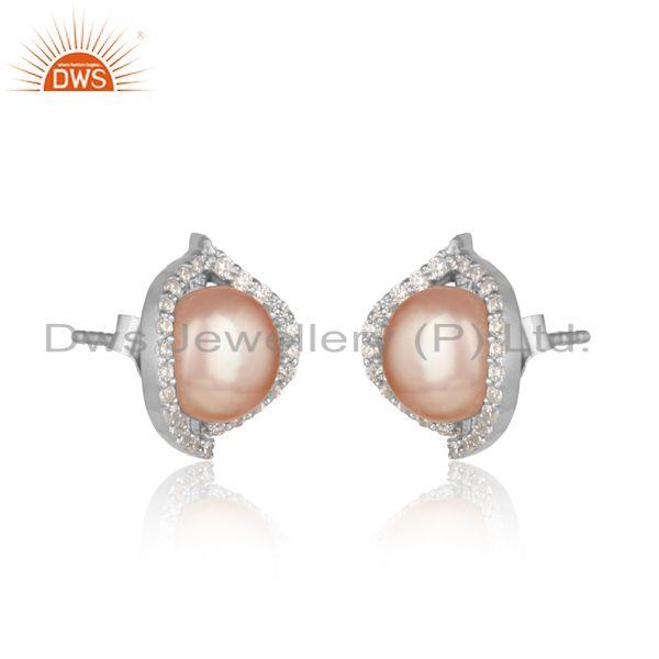 Dainty designer rhodium on silver 925 studs with cz and pink pearl