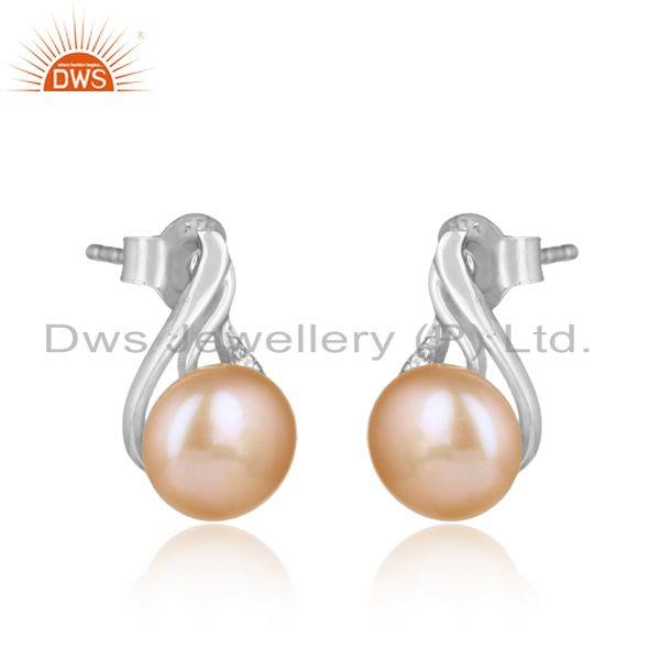 Exquisite dainty rhodium on silver studs with cz and pink pearl