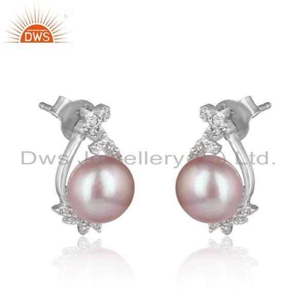 Trendy design rhodium on silver 925 studs with cz and gray pearl
