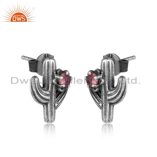 Textured cactus oxidized silver 925 stud with pink tourmaline