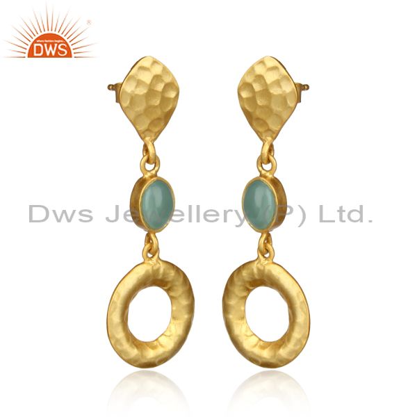 Hammered design gold on silver long dangle with aqua chalcedony