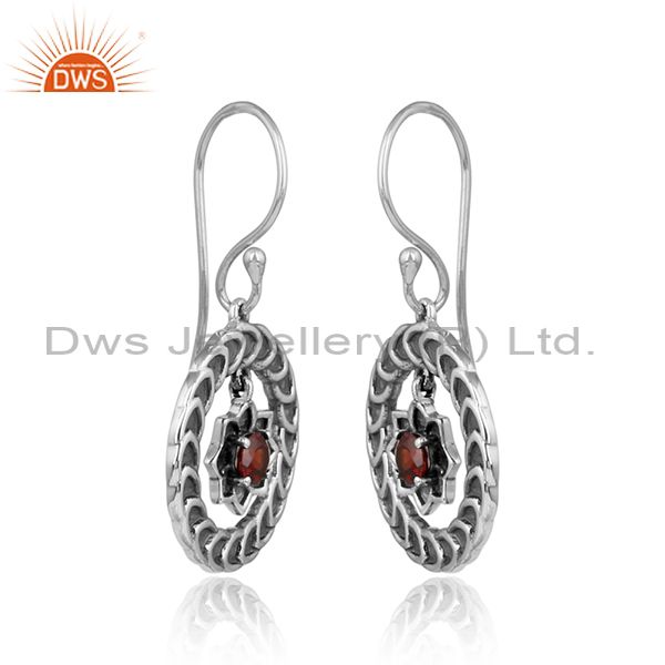 Handcrafted floral design oxidized silver 925 dangle with garnet