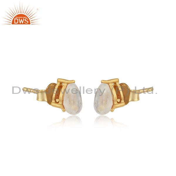 Designer dainty yellow gold on silver studs with rainbow moonstone