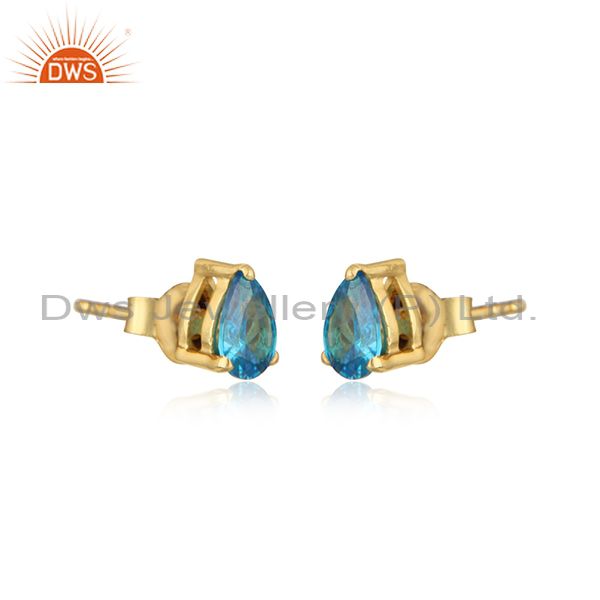 Designer dainty yellow gold on silver 925 studs with blue topaz