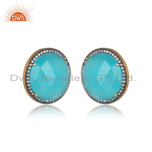Exquisite yellow gold on silver studs with aqua chalccedony cz