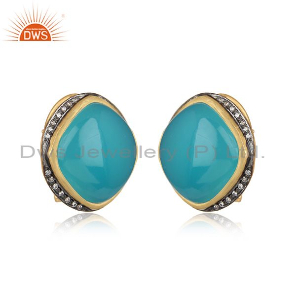 Designer trendy yellow gold on silver studs with aqua chalcedony