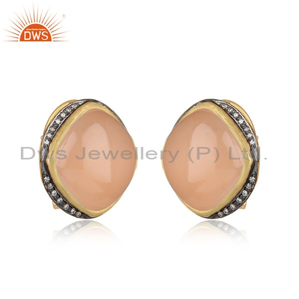 Designer trendy yellow gold on silver studs with rose chacedony, cz