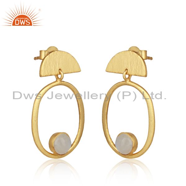 Designer half moon gold on silver rainbow moonstone earring