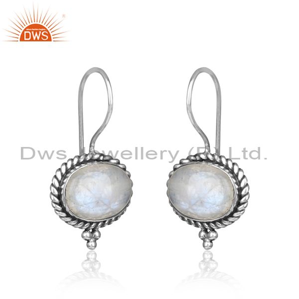 Twisted rope oxidized silver 925 rainbow moonstone earring